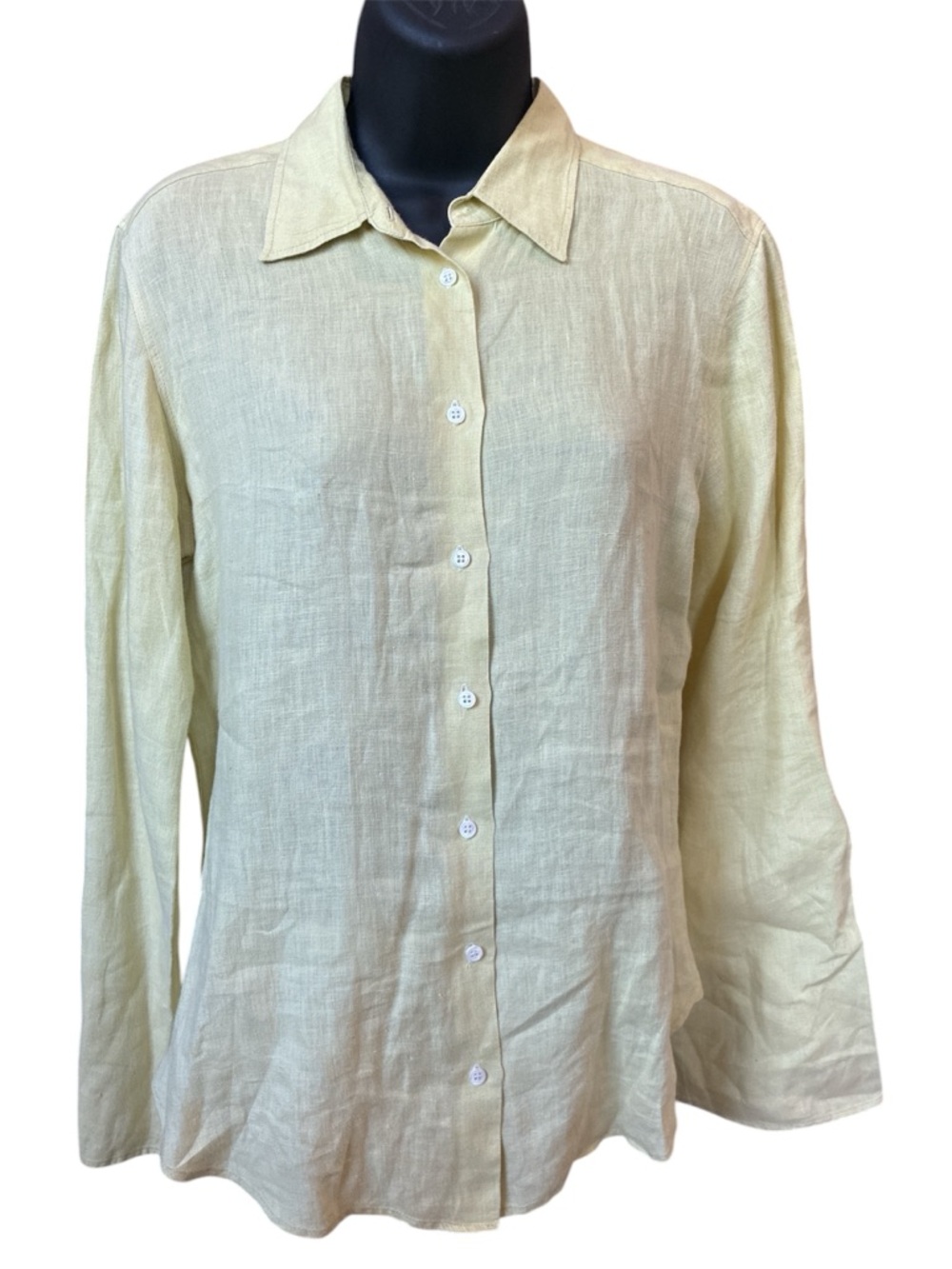 NICOLE FARHI Pale Yellow Green 100% Linen Button-Down Shirt. Size 6.